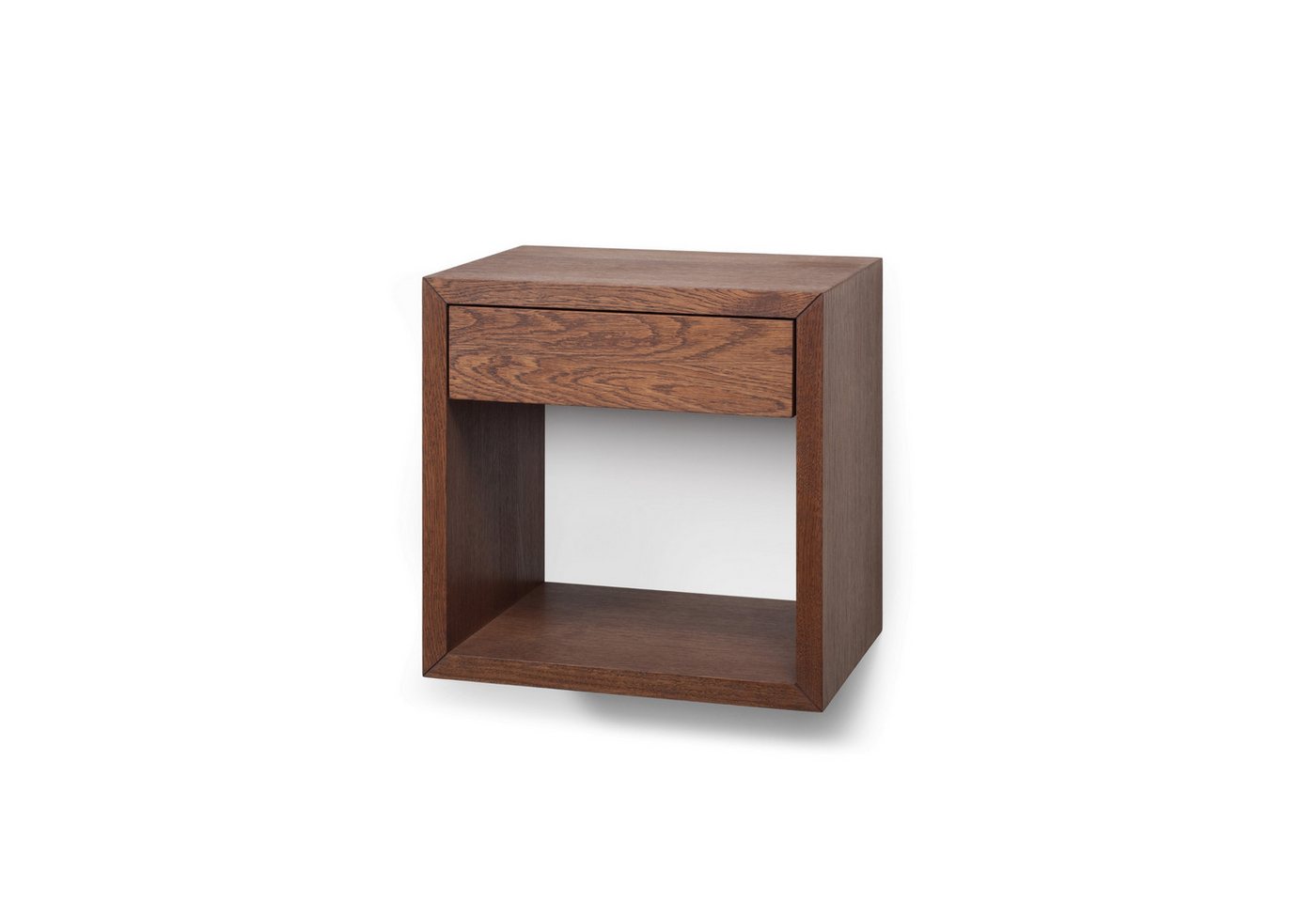 Woodek Design Nachttisch HUGO, schwebender Wandschrank im skandinavischem Design H39xB39xT30cm (Ablagetisch aus Eiche mit walnussfarbener Oberfläche, 1-St., elegantes Wandregal), Nachtkommode mit Schublade und Ablage von Woodek Design