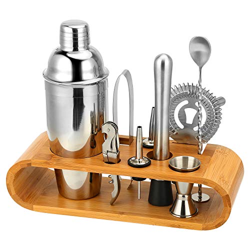 Hochwertiges Cocktailshaker Set, Cocktailmixer Set, 10 Teileig, aus Edelstahl, mit Bambus-Aufbewahrung, inkl. Cocktail-Shaker, Messbecher, Ausgießer, Bar Stößel, Bar Löffel, Eiszange, Öffner, Barmaß von Hossejoy