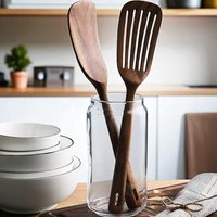 Teak Holz Pfannenwender Set - Kochutensilien Mit Langem Griff, Geschlitzt & Massiv, Hitzebeständige Werkzeuge Für Pfannen Antihaftbeschichtung von WoodenPantryCrafts