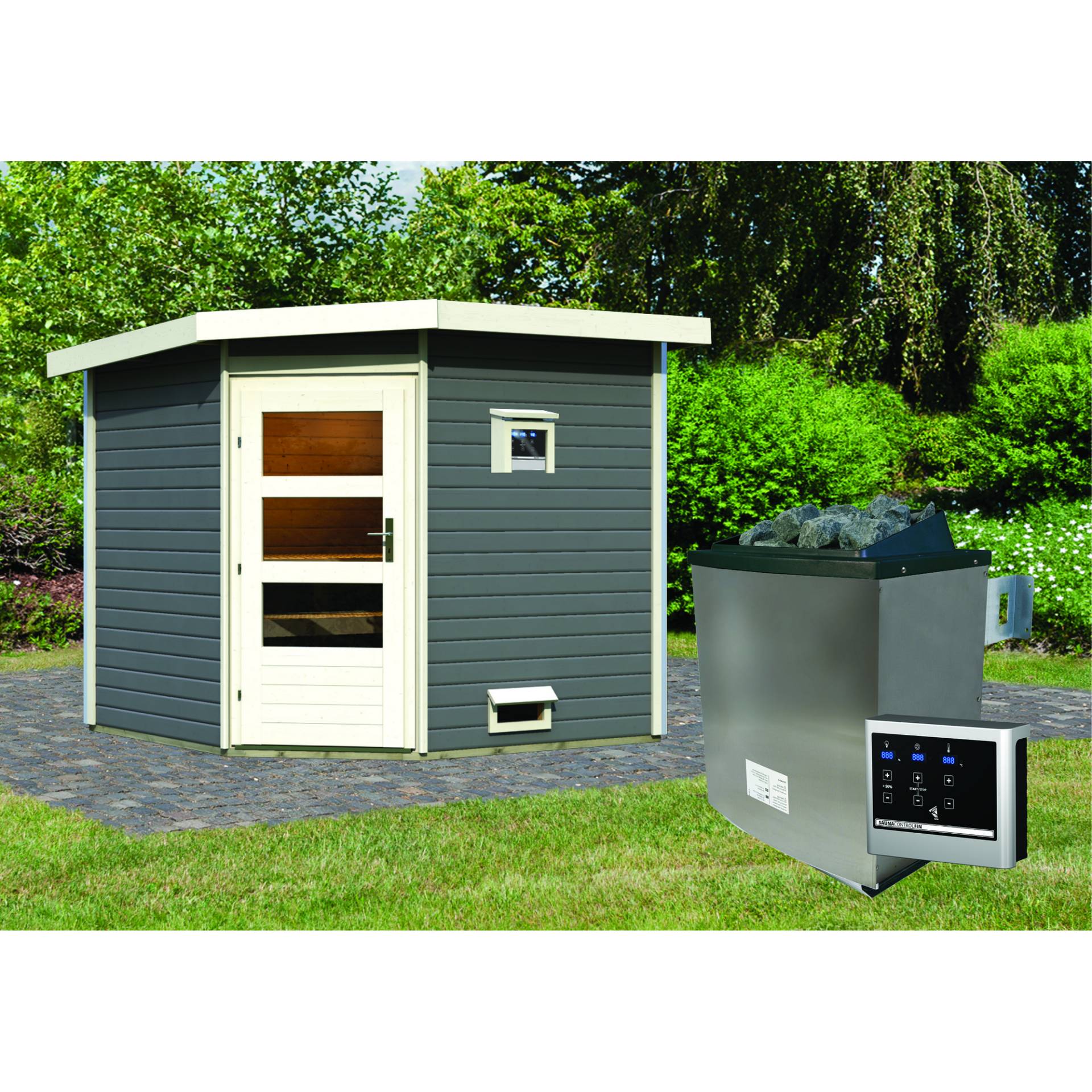 Woodfeeling Massivholzsauna 'Heikki' mit Ofen grau 231 x 226 x 231 cm, 9 kW von Woodfeeling