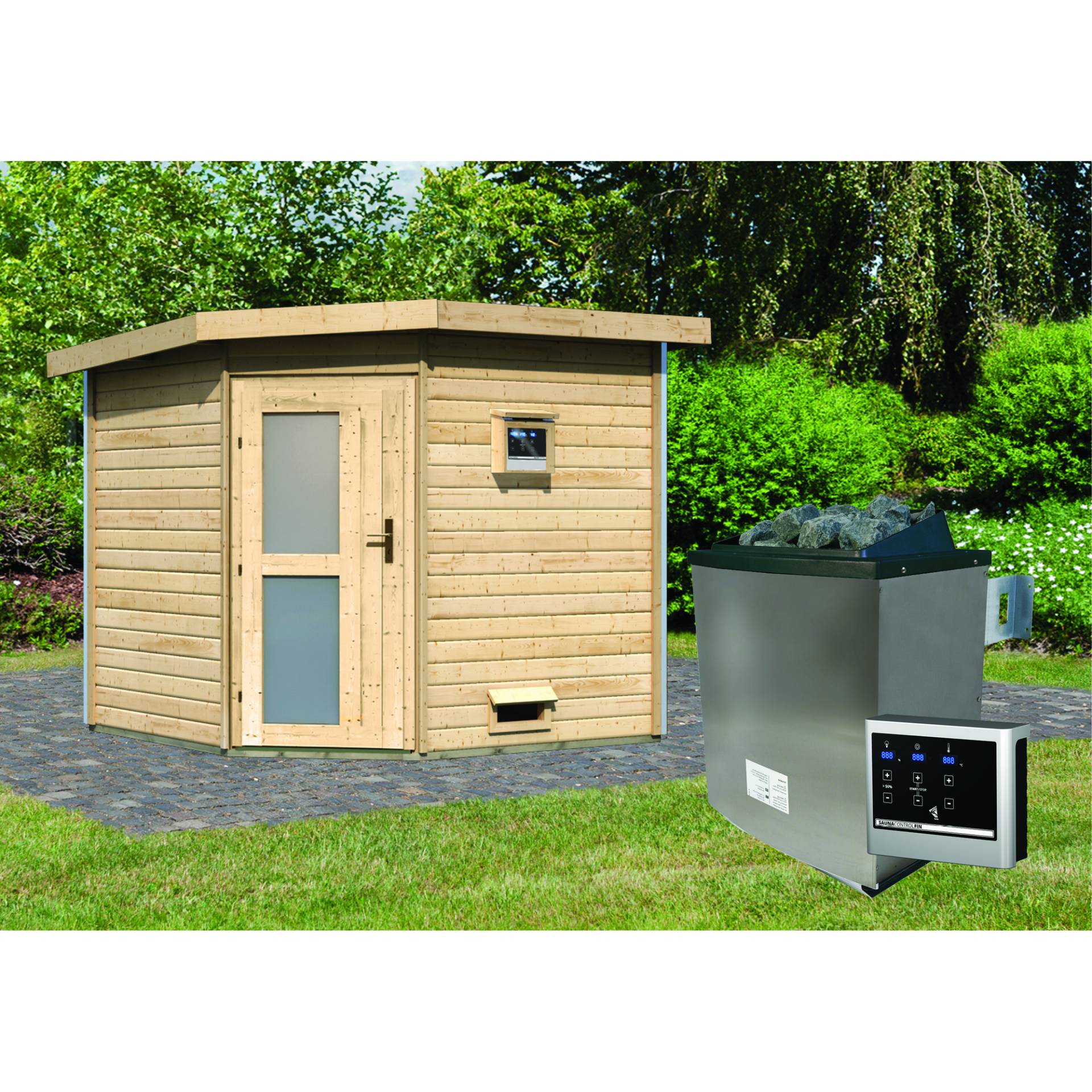 Woodfeeling Massivholzsauna 'Heikki' mit Ofen natur 231 x 226 x 231 cm, 9 kW von Woodfeeling