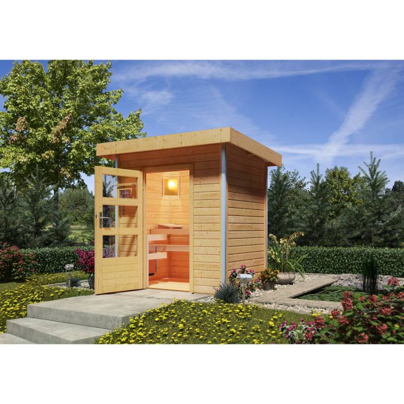 Woodfeeling Massivholzsauna 'Jorgen' mit Bio-Ofen natur 196 x 228 x 146 cm, 9 kW von Woodfeeling