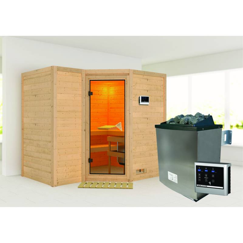 Woodfeeling Massivholzsauna 'Sahib 2' mit Ofen natur 236 x 209 x 184 cm, 9 kW von Woodfeeling