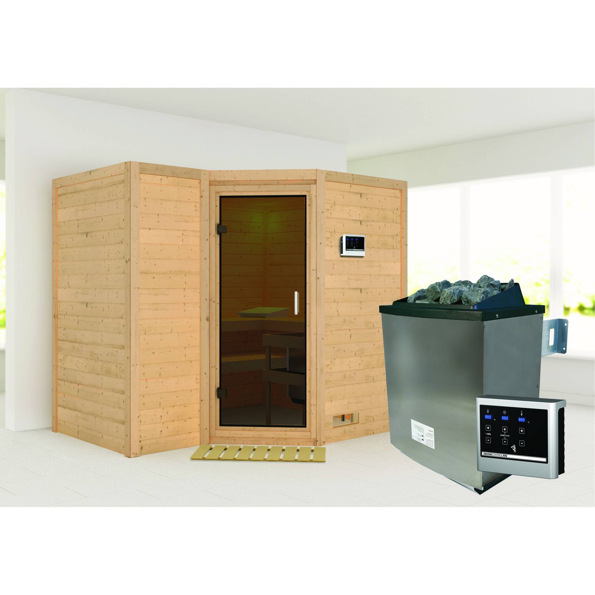 Woodfeeling Massivholzsauna 'Sahib 2' mit Ofen natur 236 x 209 x 184 cm, 9 kW von Woodfeeling