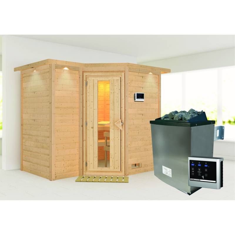 Woodfeeling Massivholzsauna 'Sahib 2' mit Ofen und Dachkranz natur 264 x 212 x 198 cm, 9 kW von Woodfeeling