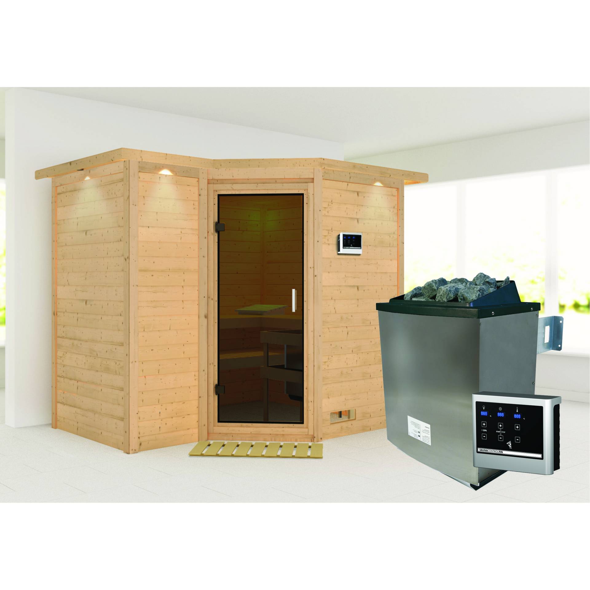 Woodfeeling Massivholzsauna 'Sahib 2' mit Ofen und Dachkranz natur 264 x 212 x 198 cm, 9 kW von Woodfeeling