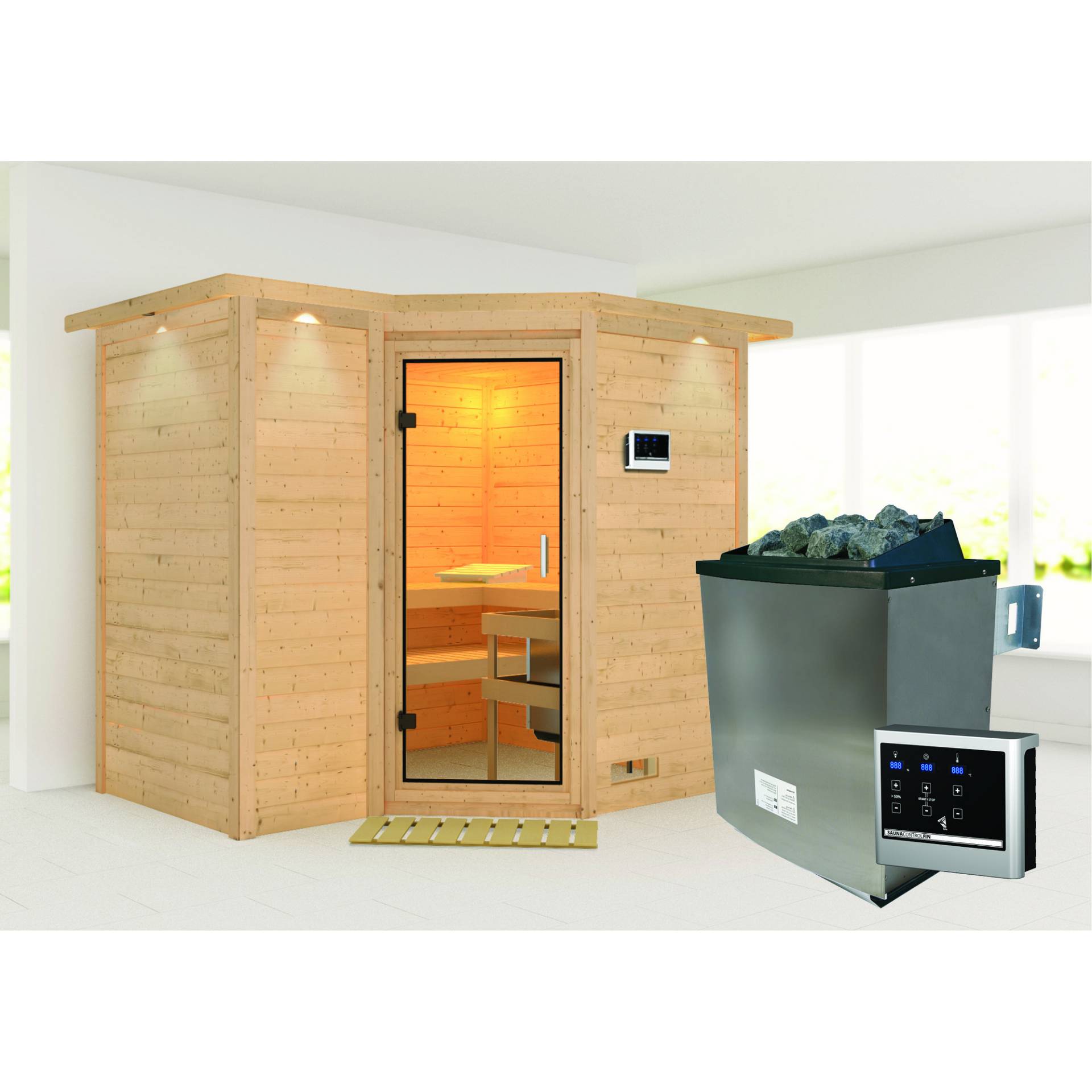 Woodfeeling Massivholzsauna 'Sahib 2' mit Ofen und Dachkranz natur 264 x 212 x 198 cm, 9 kW von Woodfeeling