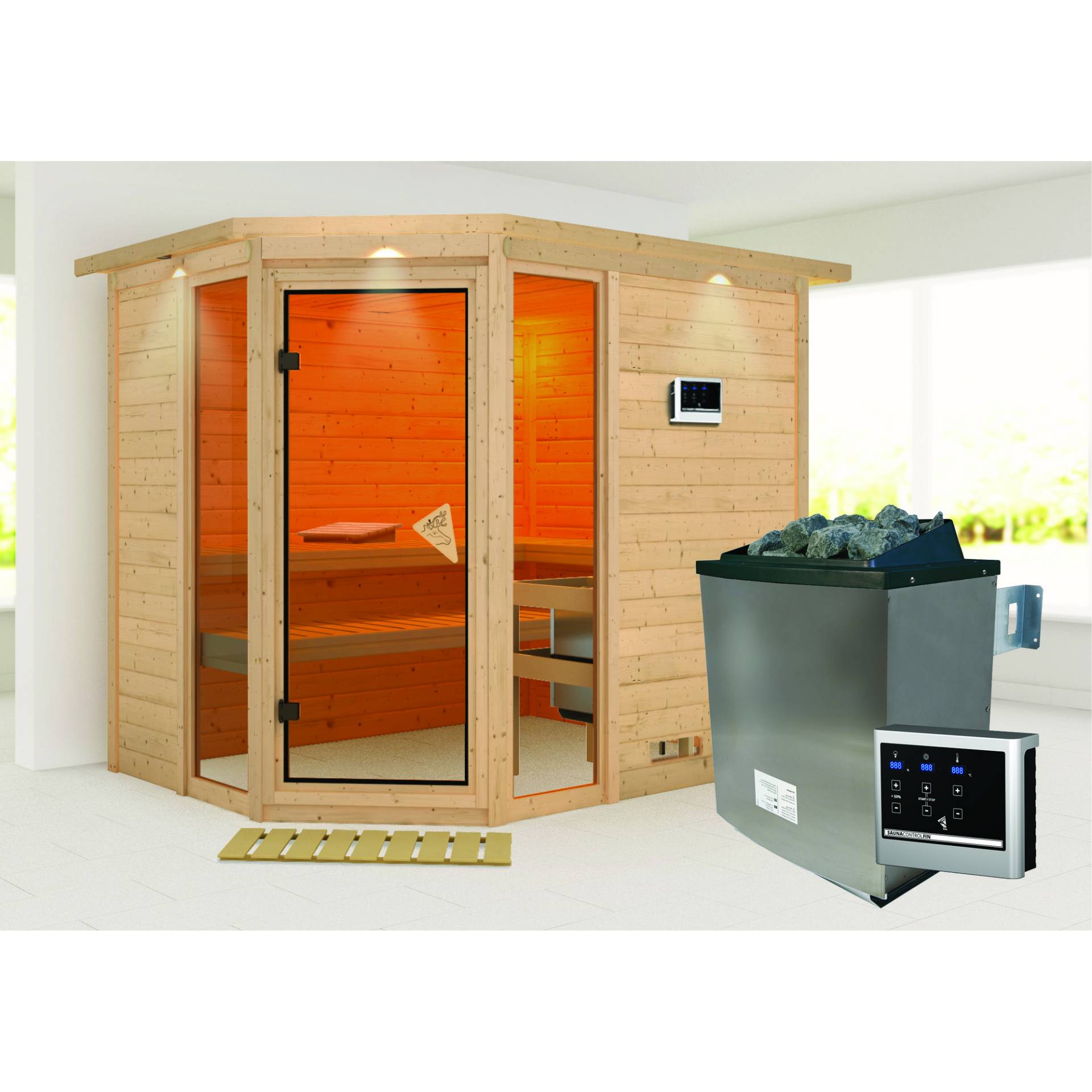 Woodfeeling Massivholzsauna 'Sinai 3' mit Ofen und Dachkranz natur 264 x 212 x 198 cm, 9 kW Woodfeeling Massivholzsauna 'Sinai 3' mit Ofen und Dachkranz natur 264 x 212 x 198 cm, 9 kW von Woodfeeling