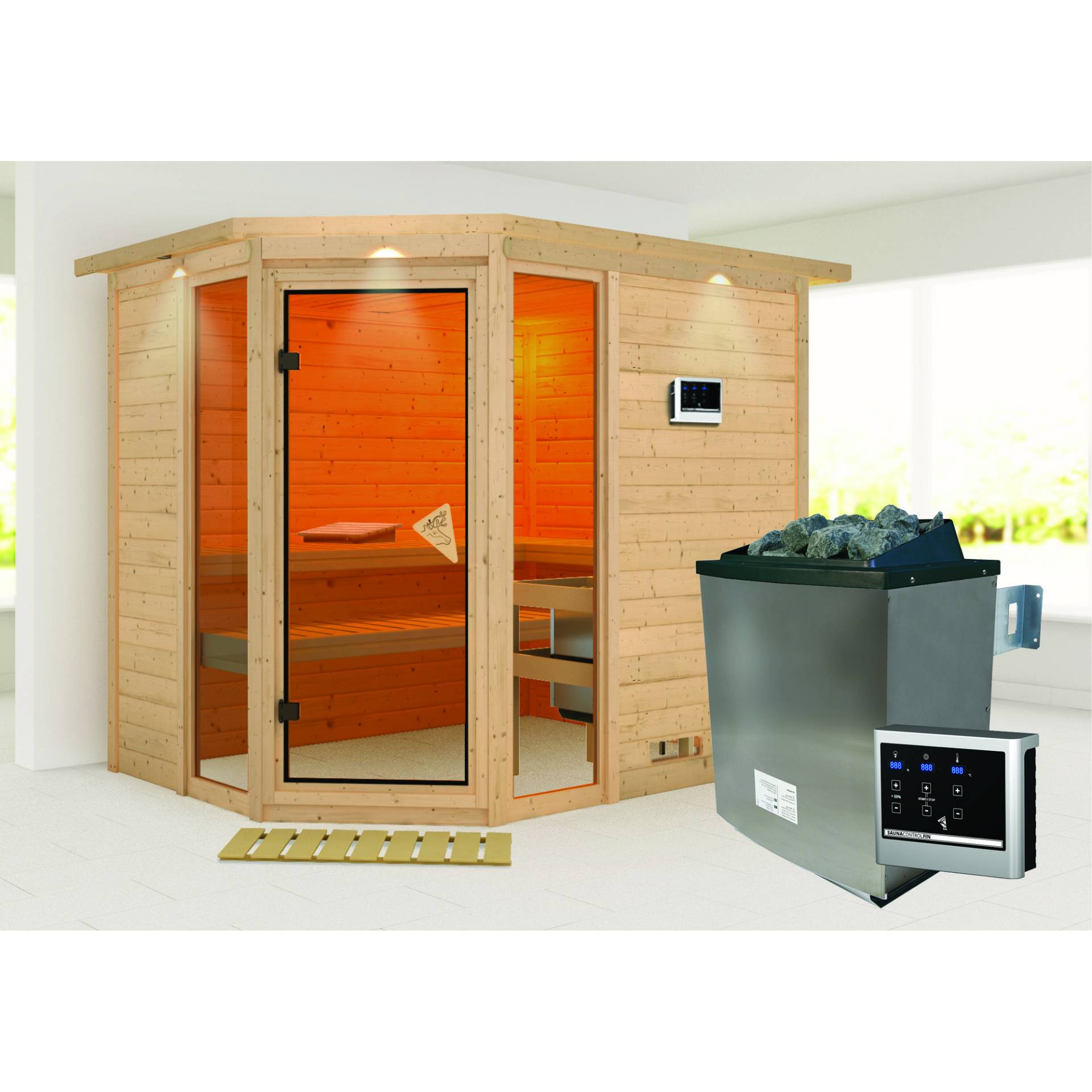 Woodfeeling Massivholzsauna 'Sinai 3' mit Ofen und Dachkranz natur 264 x 212 x 198 cm, 9 kW von Woodfeeling