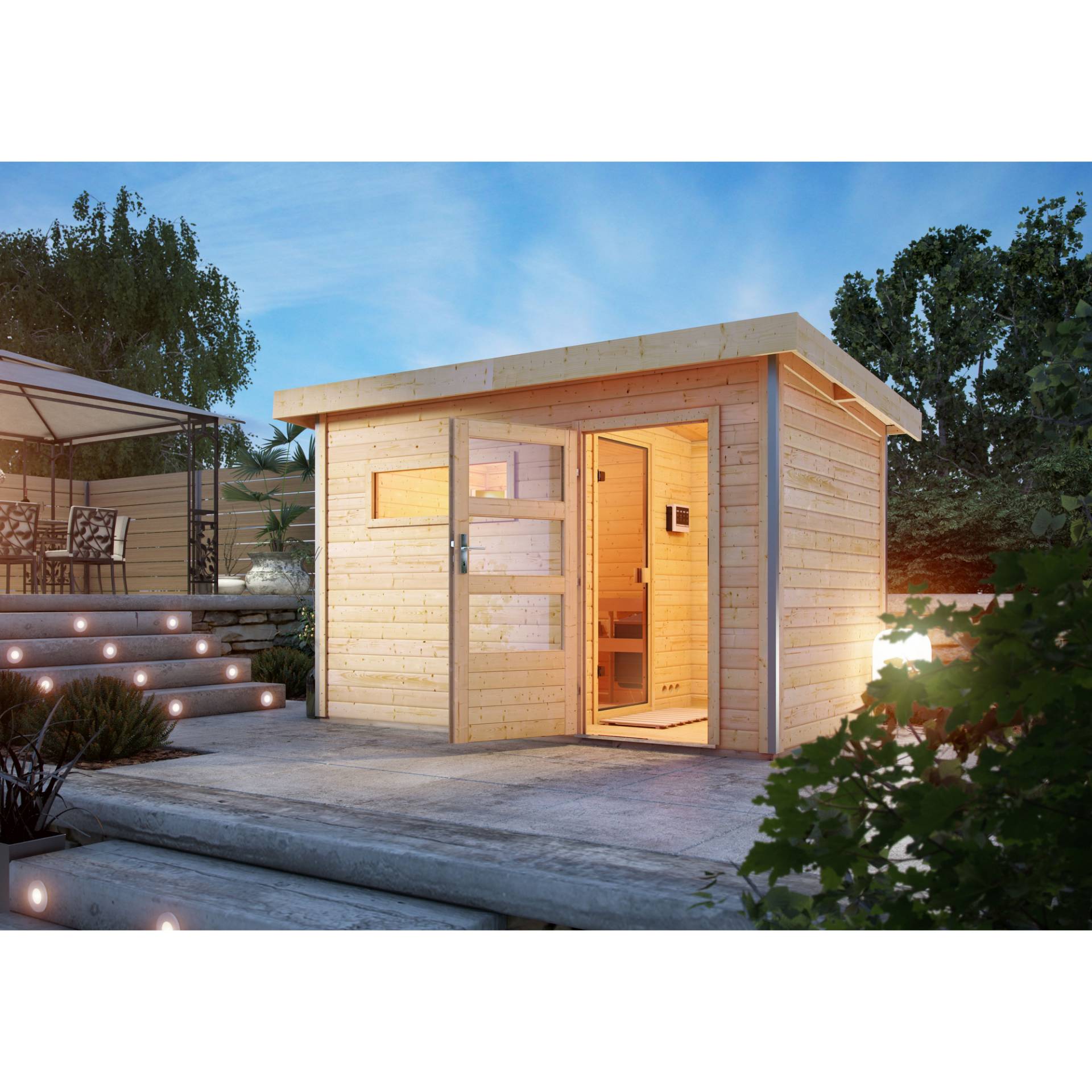Woodfeeling Massivholzsauna 'Skrollan 3' mit Vorraum und Bio-Ofen natur 396 x 227 x 231 cm, 9 kW Woodfeeling Massivholzsauna 'Skrollan 3' mit Vorraum und Bio-Ofen natur 396 x 227 x 231 cm, 9 kW von Woodfeeling