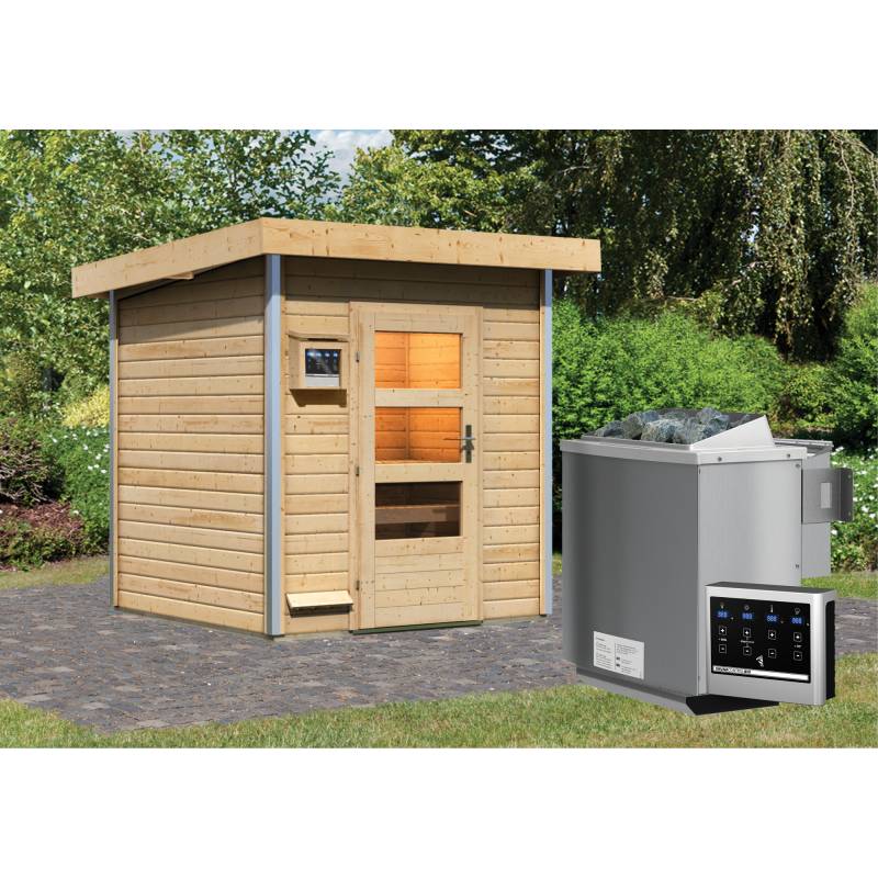 Woodfeeling Massivholzsauna 'Torge' mit Bio-Ofen natur 196 x 228 x 196 cm, 9 kW von Woodfeeling