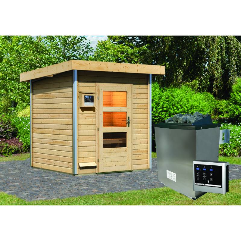 Woodfeeling Massivholzsauna 'Torge' mit Ofen natur 196 x 228 x 196 cm, 9 kW von Woodfeeling