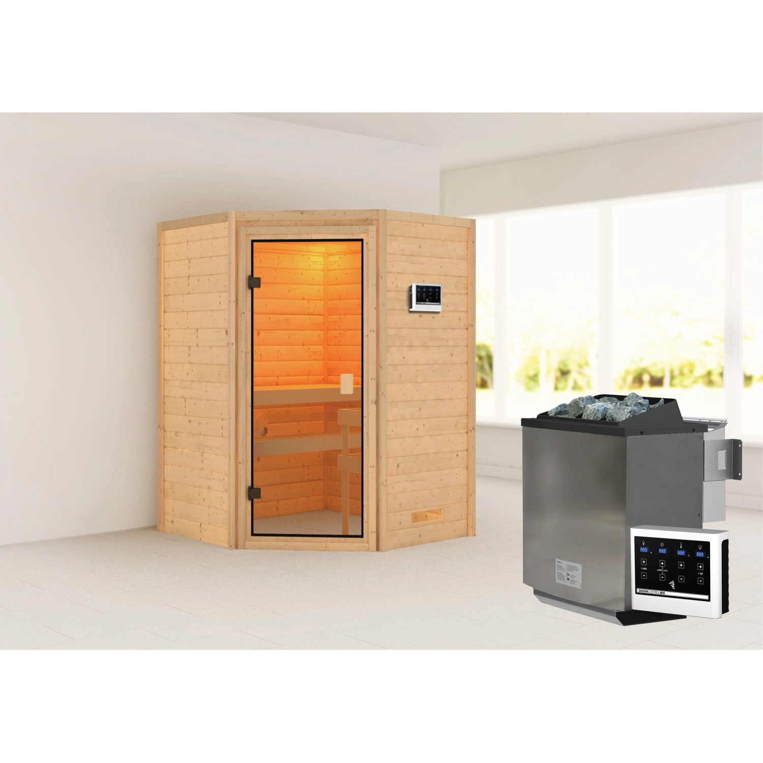 Woodfeeling Sauna Antonia inkl. 9 kW Bio-Ofen mit ext. Strg. Glastür von Woodfeeling