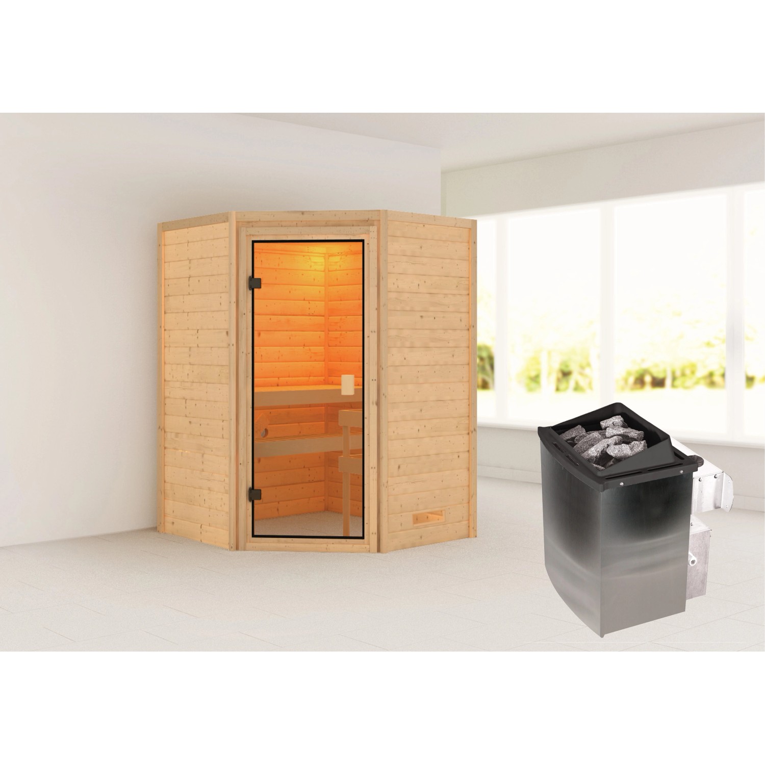 Woodfeeling Sauna Antonia inkl. 9 kW Ofen mit integr. Strg. Glastür von Woodfeeling
