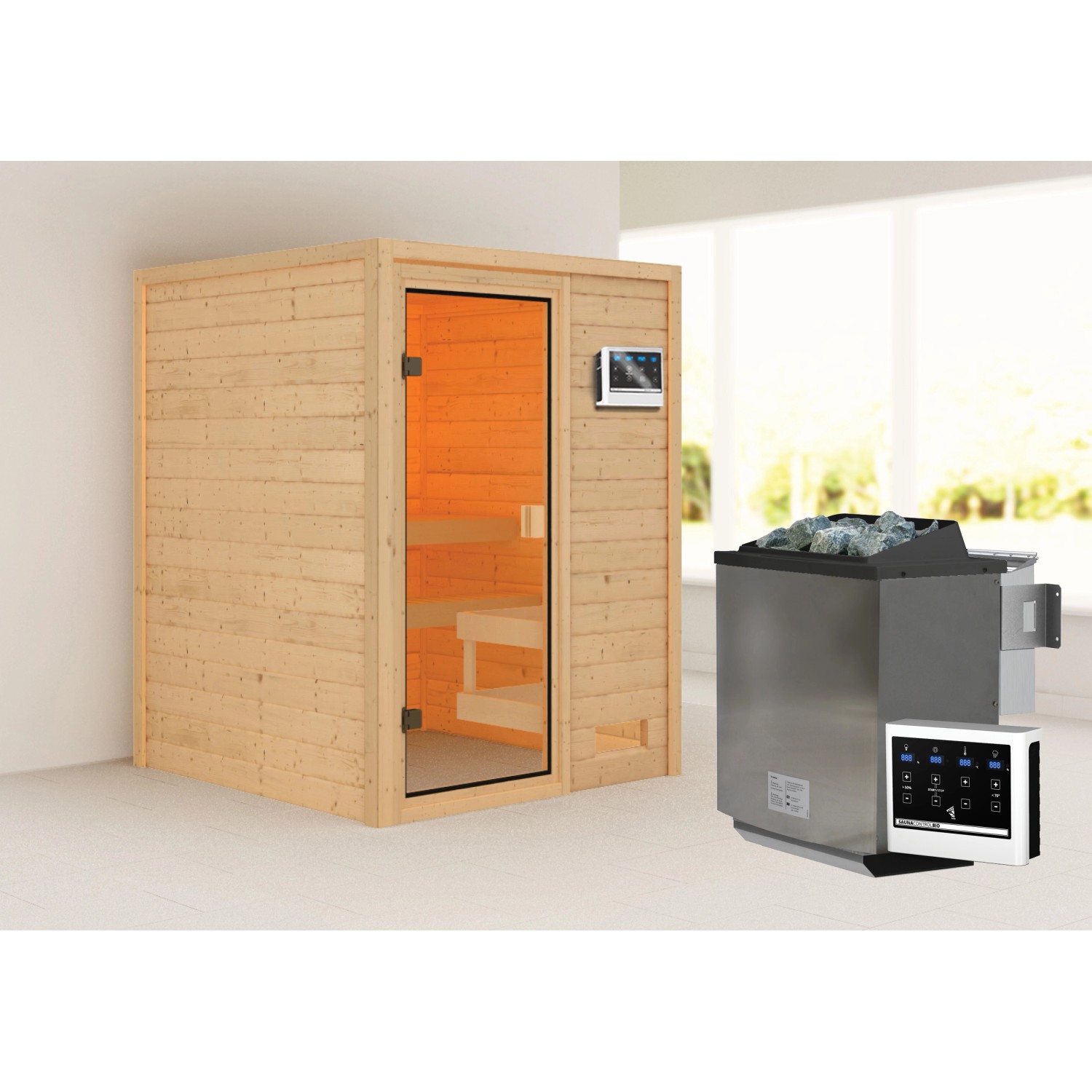 Woodfeeling Sauna Sandra inkl. 9 kW Bio-Ofen mit ext. Strg. Glastür von Woodfeeling