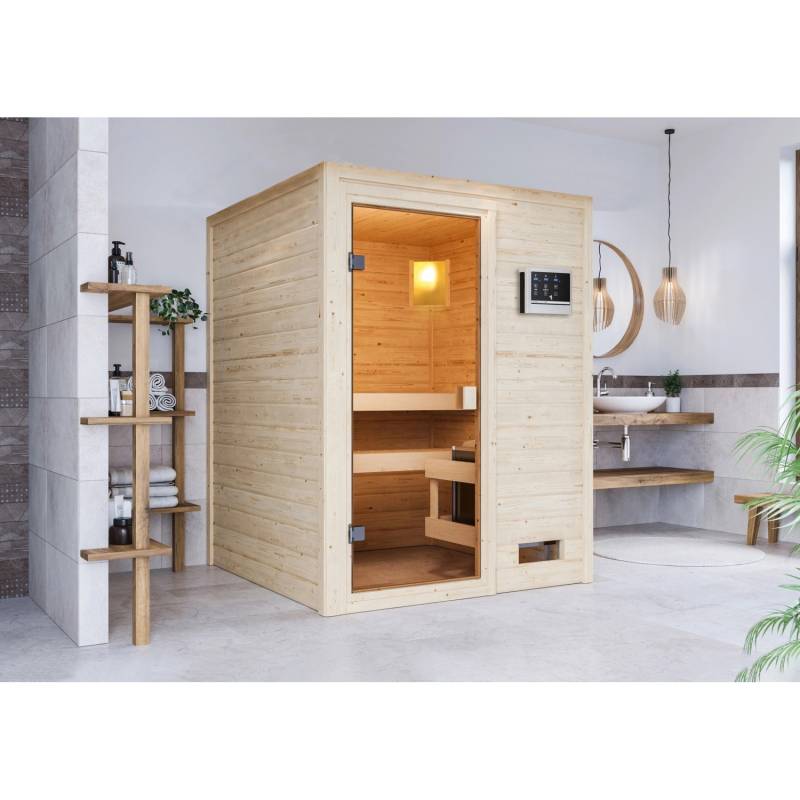 Woodfeeling Sauna Sandra inkl. 9 kW Ofen mit ext. Strg. Glastür von Woodfeeling