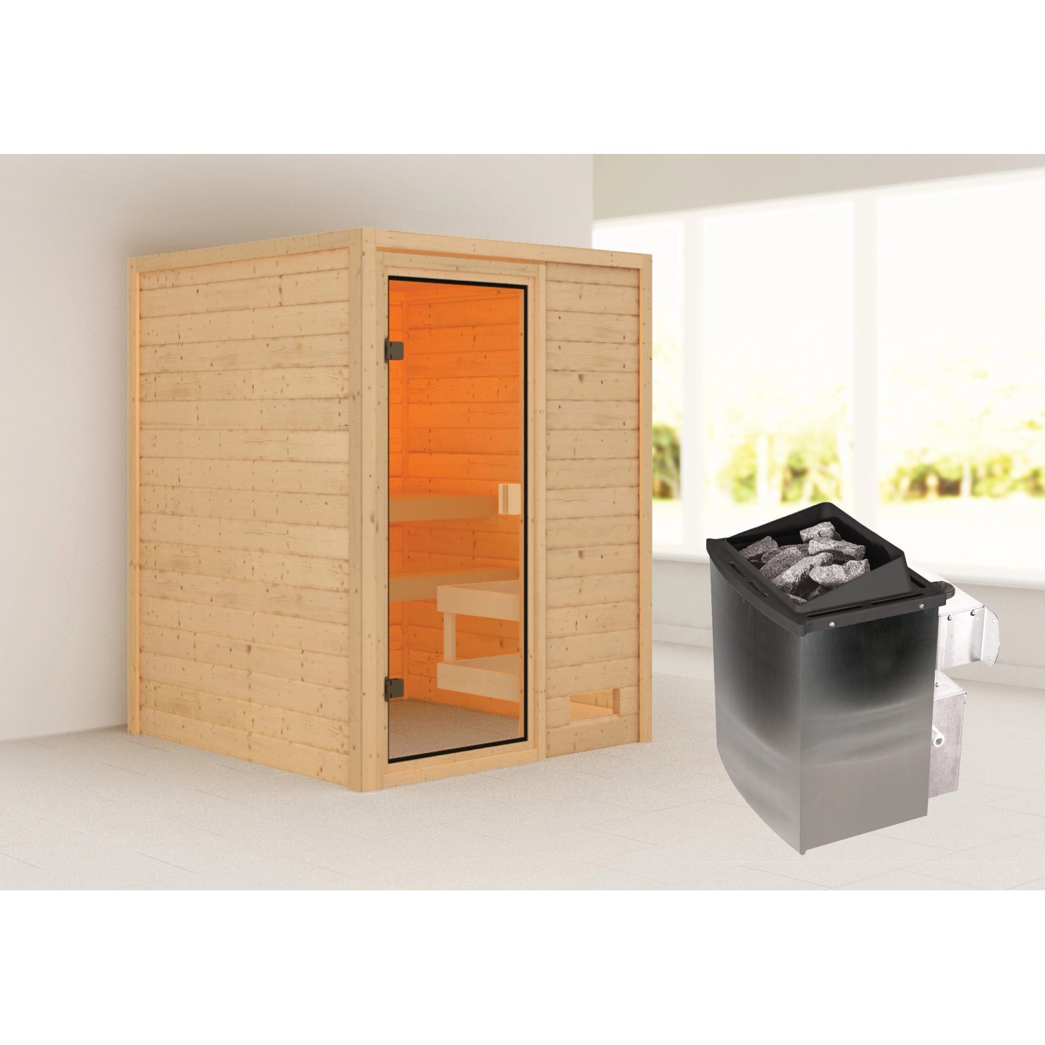 Woodfeeling Sauna Sandra inkl. 9 kW Ofen mit integr. Strg. Glastür von Woodfeeling