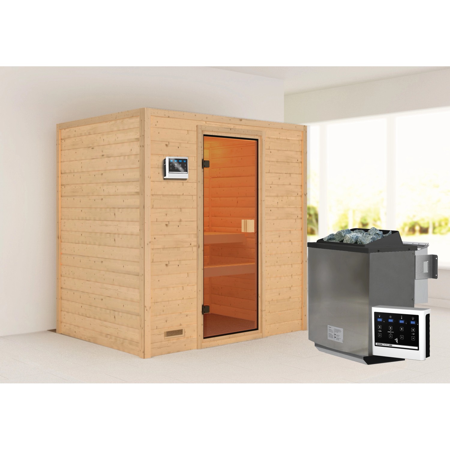 Woodfeeling Sauna Selena inkl. 9 kW Bio-Ofen mit ext. Strg. Glastür Bronziert von Woodfeeling