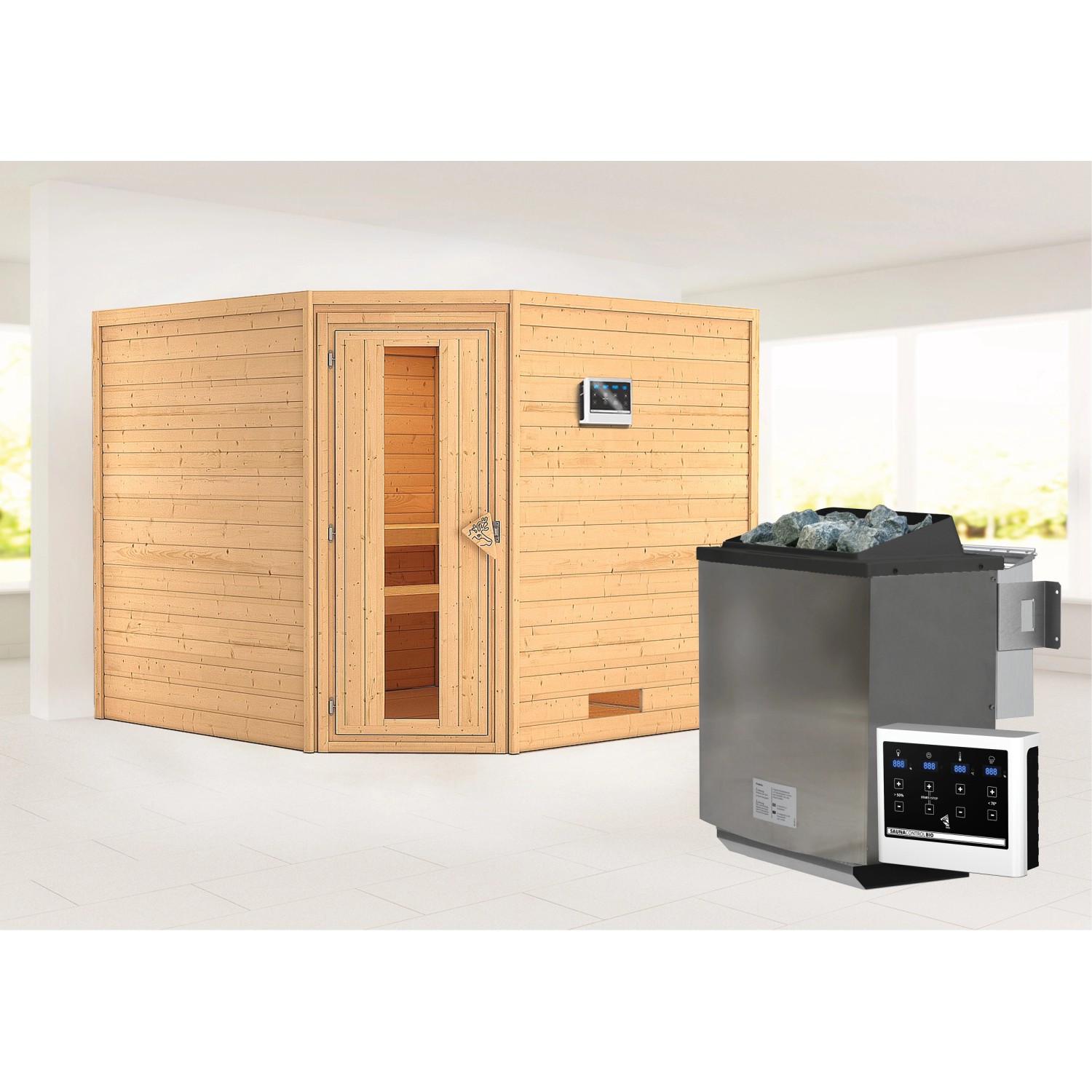 Karibu Sauna Leona mit Bio-Ofen externe Stg.Easy Natur von Karibu