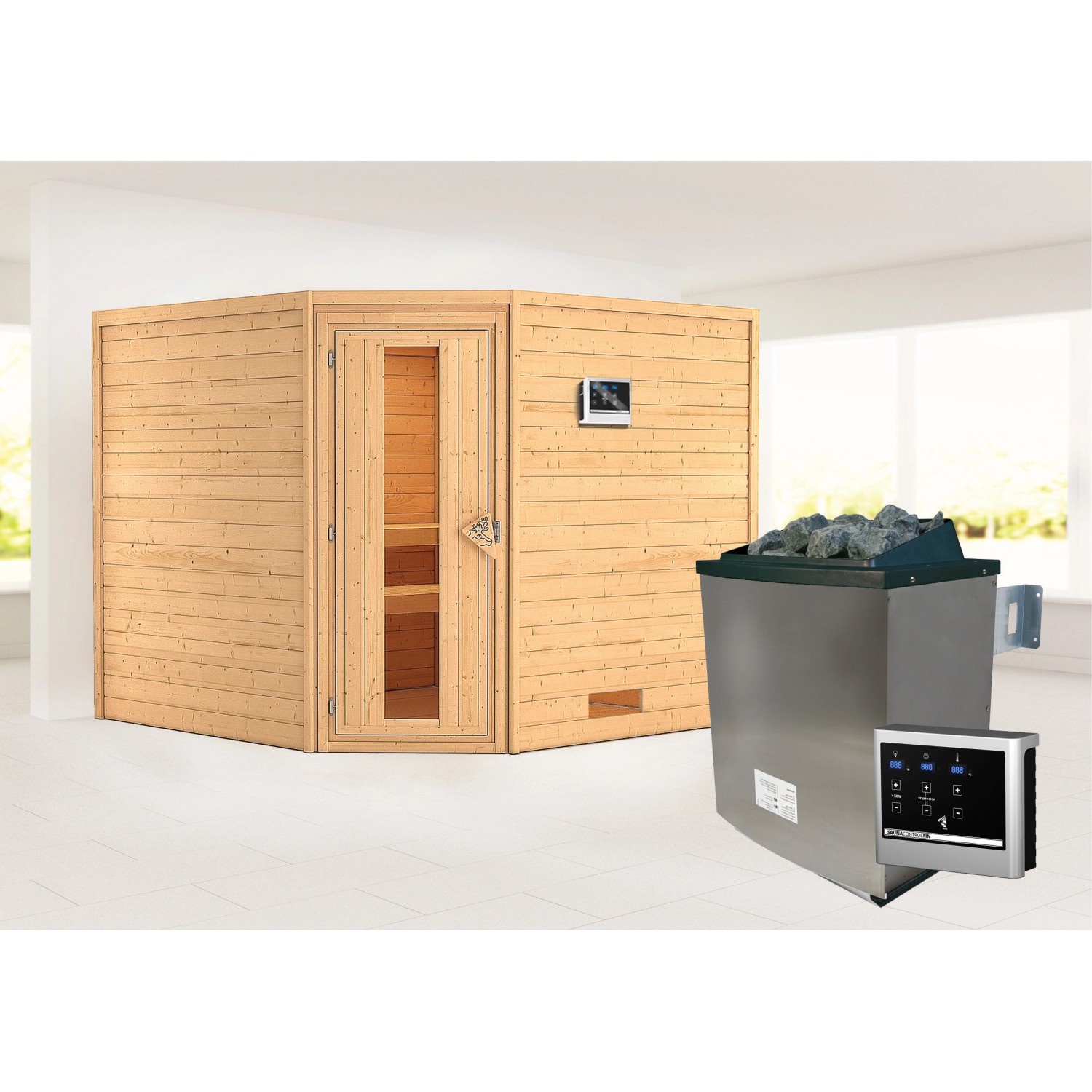 Karibu Sauna Leona mit Ofen externe Stg.Easy Natur von Karibu