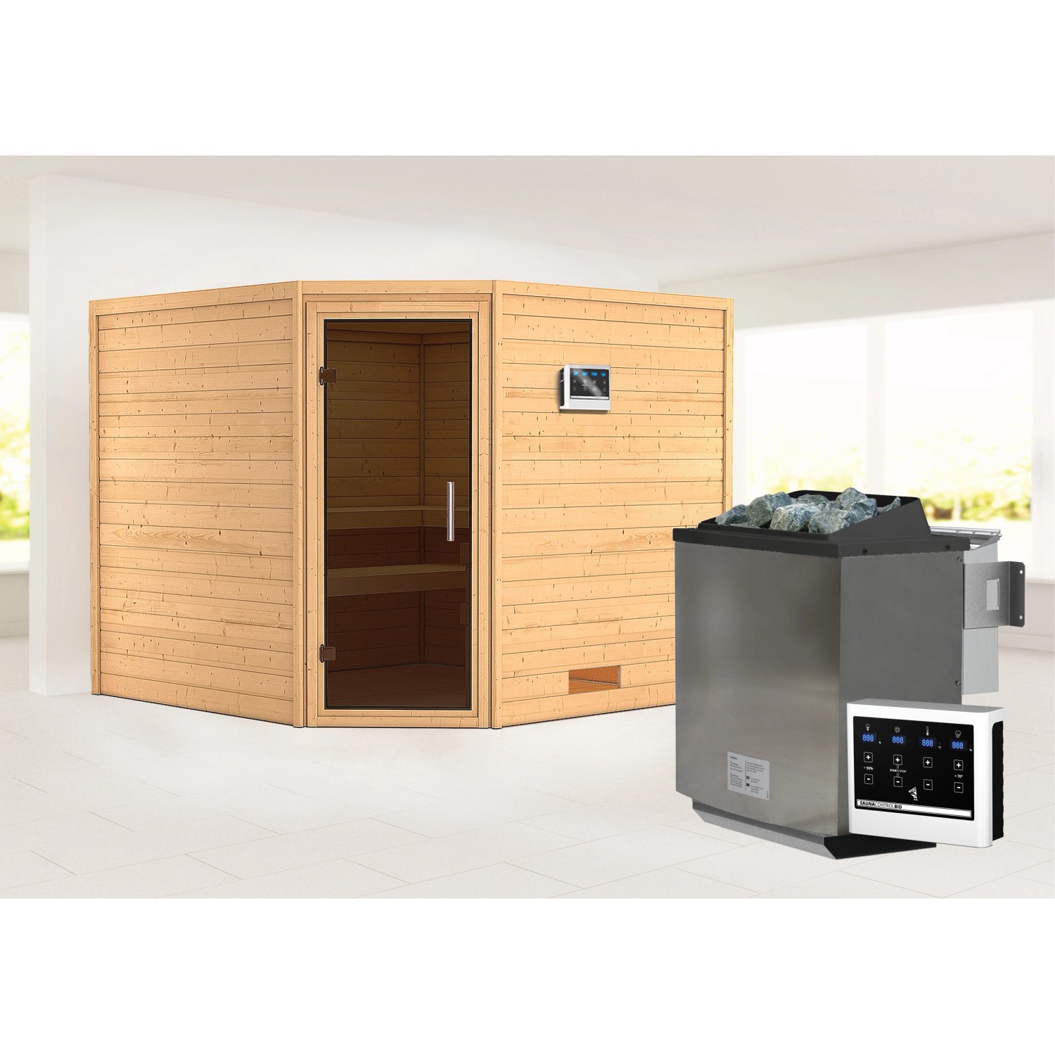 Karibu Sauna Leona mit Bio-Ofen externe Stg.Easy Natur von Karibu