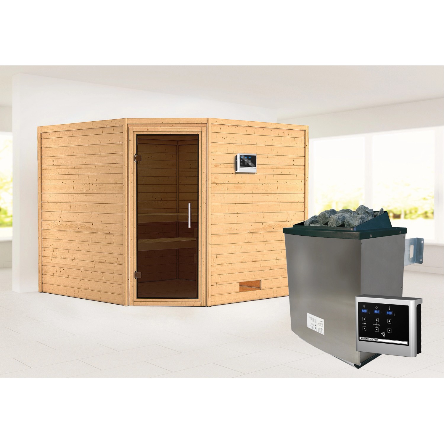 Karibu Sauna Leona mit Ofen externe Stg.Easy Natur von Karibu