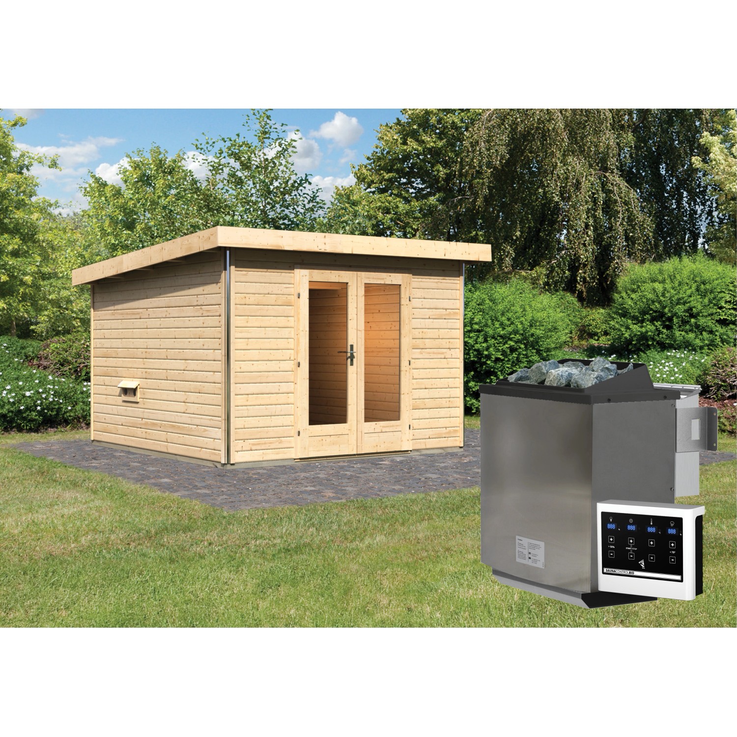 Karibu Saunahaus Magnus 1 Set B Natur mit Ofen 9 kW Bio ext. Strg. Karibu Saunahaus Magnus 1 Set B Natur mit Ofen 9 kW Bio ext. Strg. von Karibu