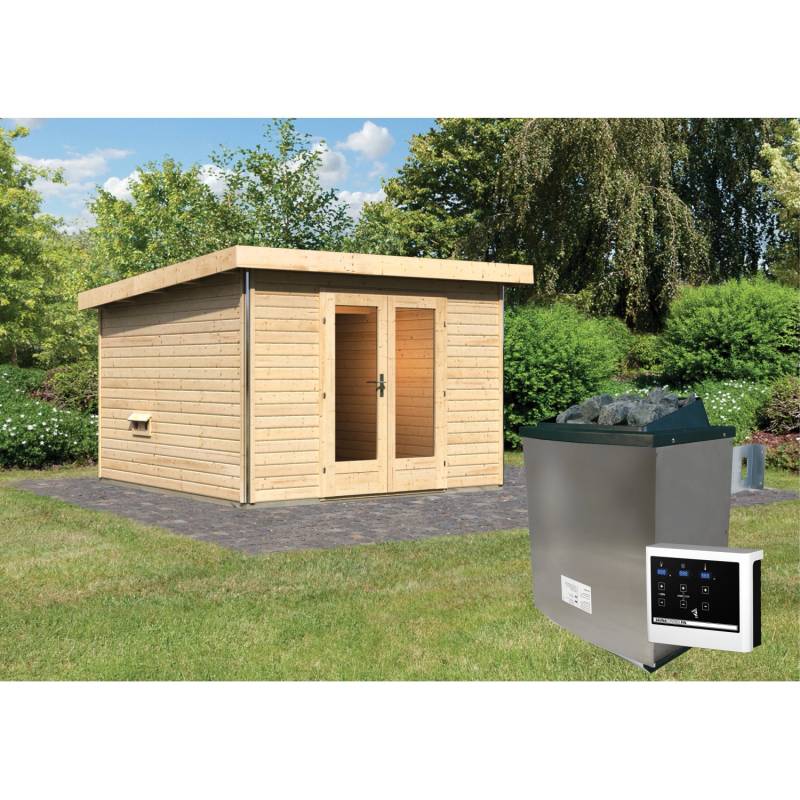 Karibu Saunahaus Magnus 1 Set B Natur mit Ofen 9 kW ext. Strg. von Karibu