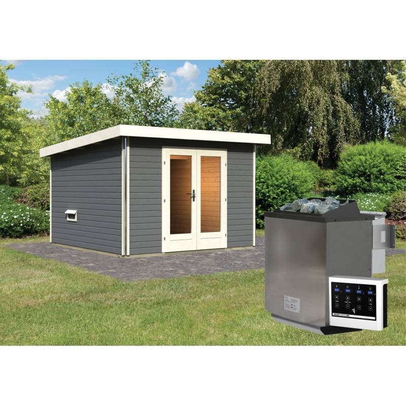 Karibu Saunahaus Magnus 1 Set B Terragrau mit Ofen 9 kW Bio ext. Strg. von Karibu