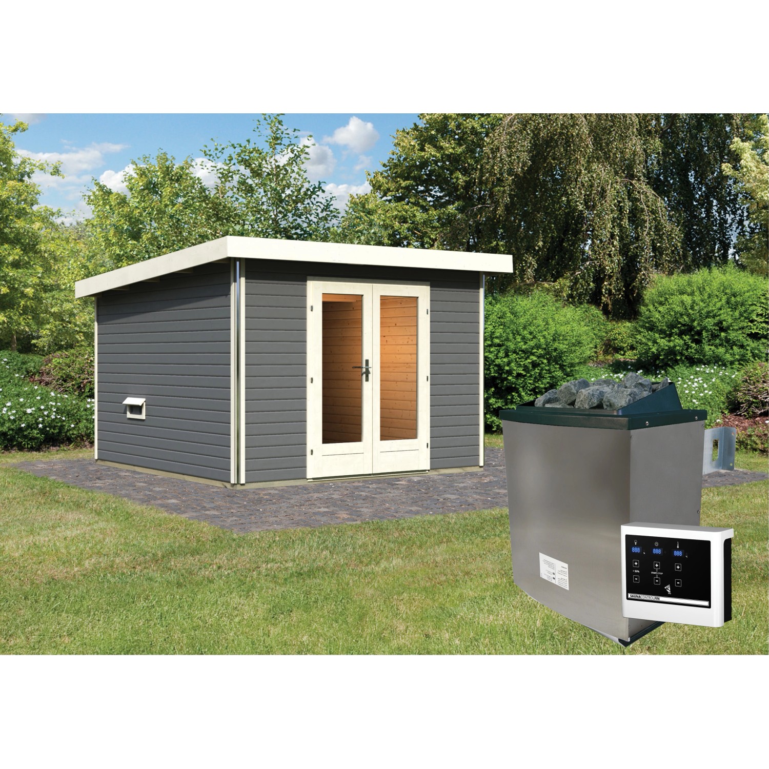 Karibu Saunahaus Magnus 1 Set B Terragrau mit Ofen 9 kW ext. Strg. von Karibu