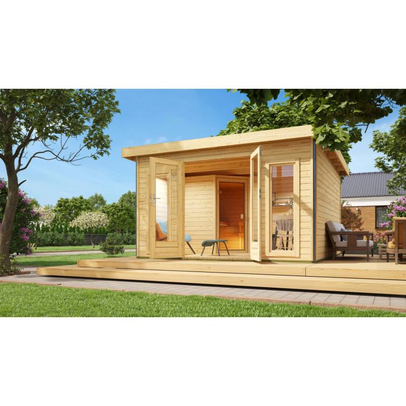 Karibu Saunahaus Magnus 3 Set A Natur mit Ofen 9 kW Bio ext. Strg. von Karibu