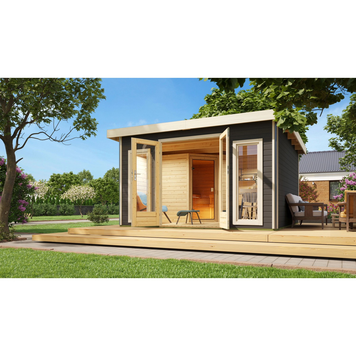 Karibu Saunahaus Magnus 3 Set A Terragrau mit Ofen 9 kW Bio ext. Strg. Karibu Saunahaus Magnus 3 Set A Terragrau mit Ofen 9 kW Bio ext. Strg. von Karibu