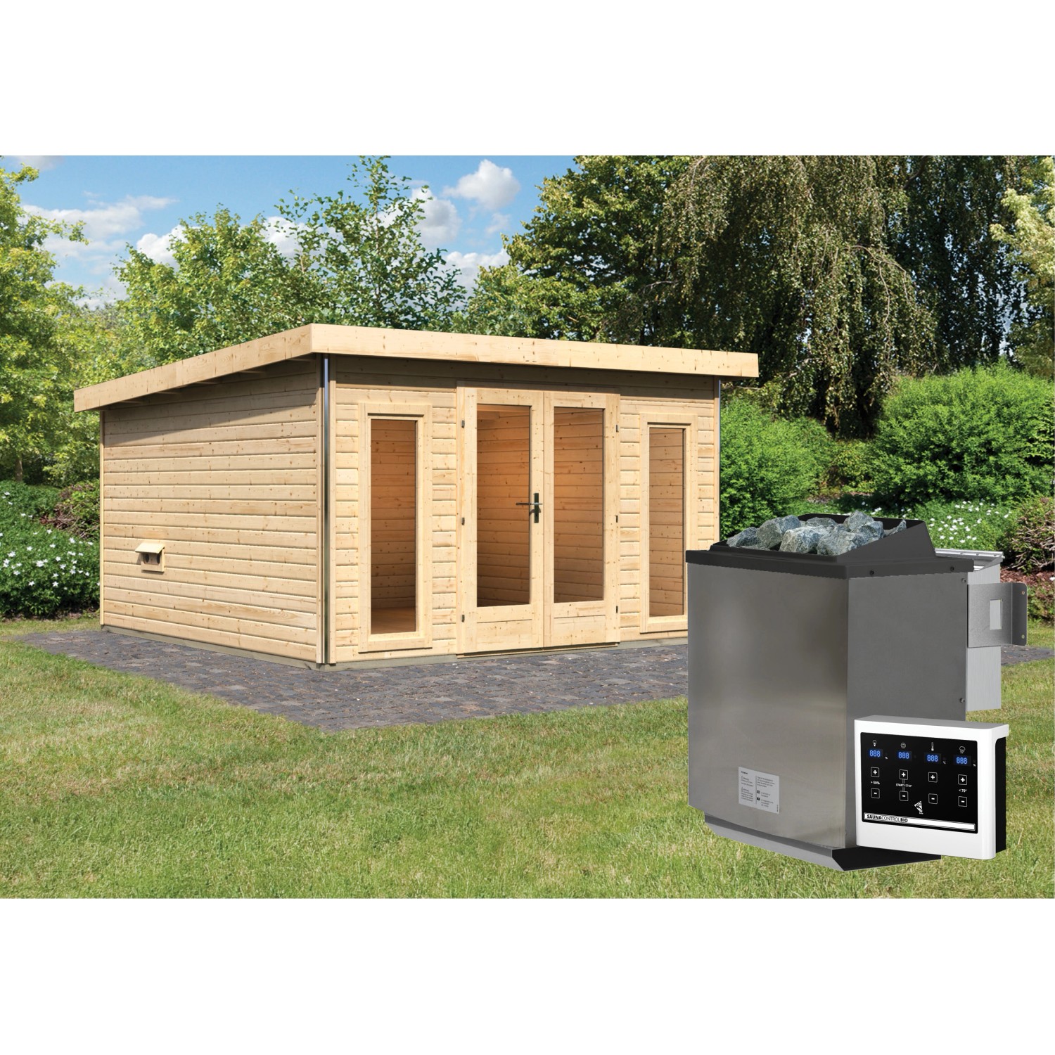Karibu Saunahaus Magnus 3 Set B Natur mit Ofen 9 kW Bio ext. Strg. Karibu Saunahaus Magnus 3 Set B Natur mit Ofen 9 kW Bio ext. Strg. von Karibu