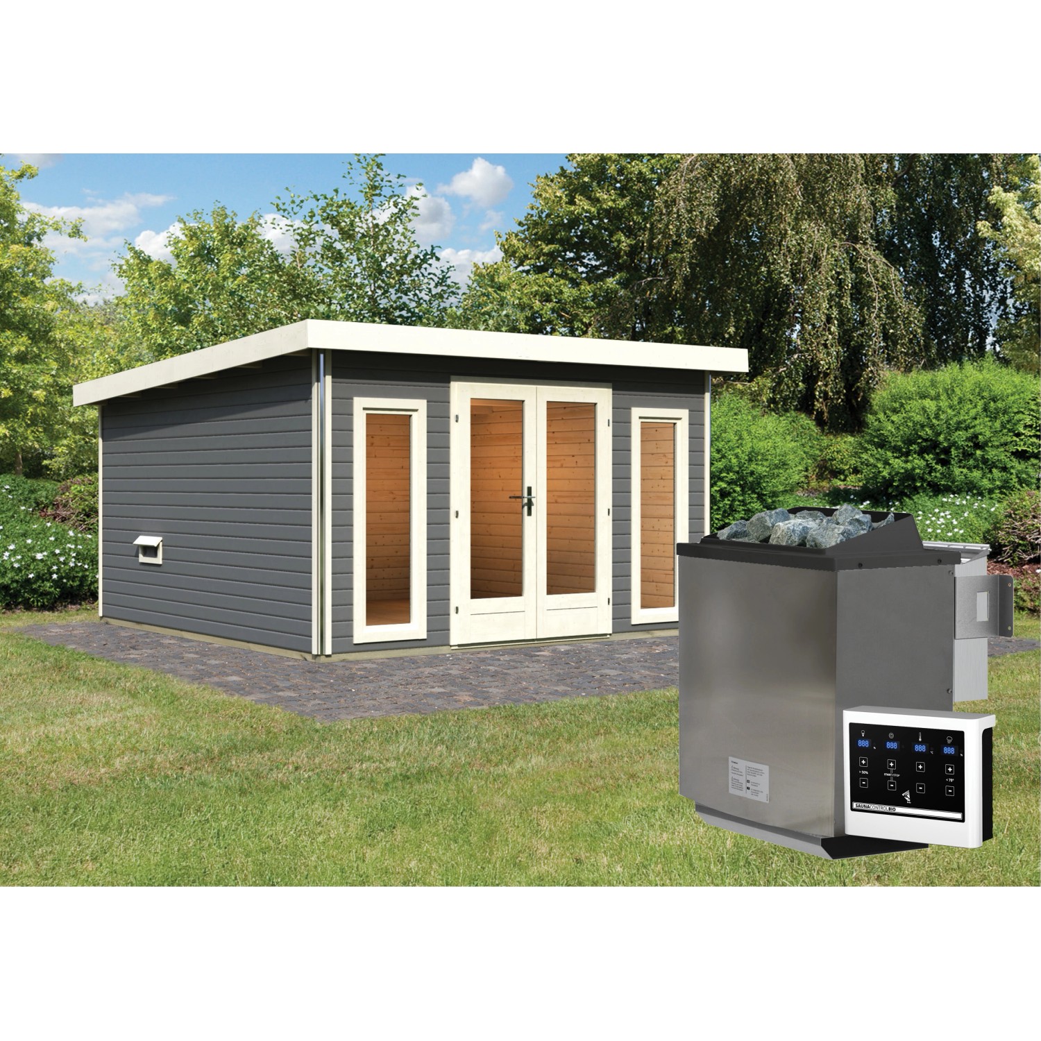 Karibu Saunahaus Magnus 3 Set B Terragrau mit Ofen 9 kW Bio ext. Strg. Karibu Saunahaus Magnus 3 Set B Terragrau mit Ofen 9 kW Bio ext. Strg. von Karibu