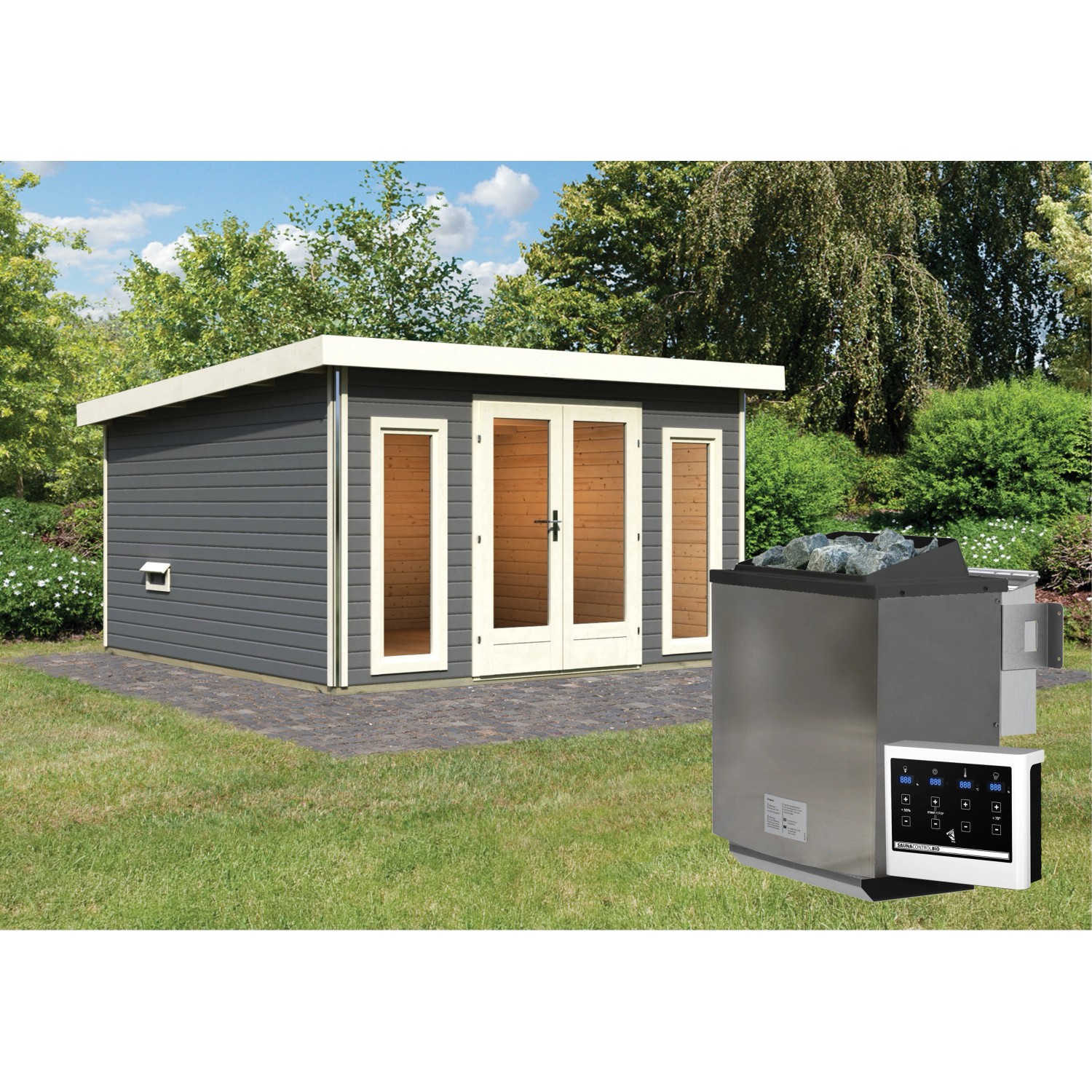 Karibu Saunahaus Magnus 3 Set B Terragrau mit Ofen 9 kW Bio ext. Strg. von Karibu