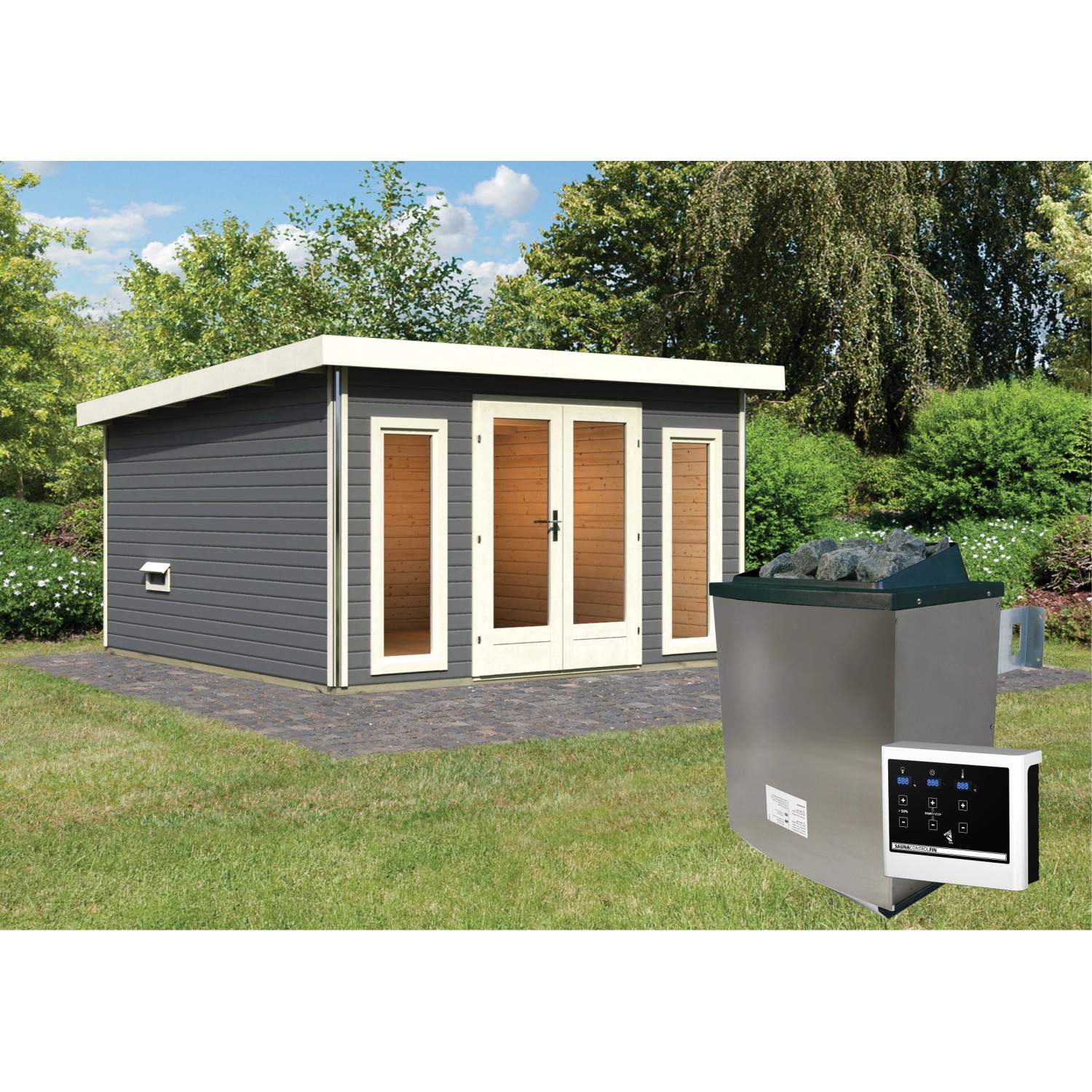 Karibu Saunahaus Magnus 3 Set B Terragrau mit Ofen 9 kW ext. Strg. Karibu Saunahaus Magnus 3 Set B Terragrau mit Ofen 9 kW ext. Strg. von Karibu
