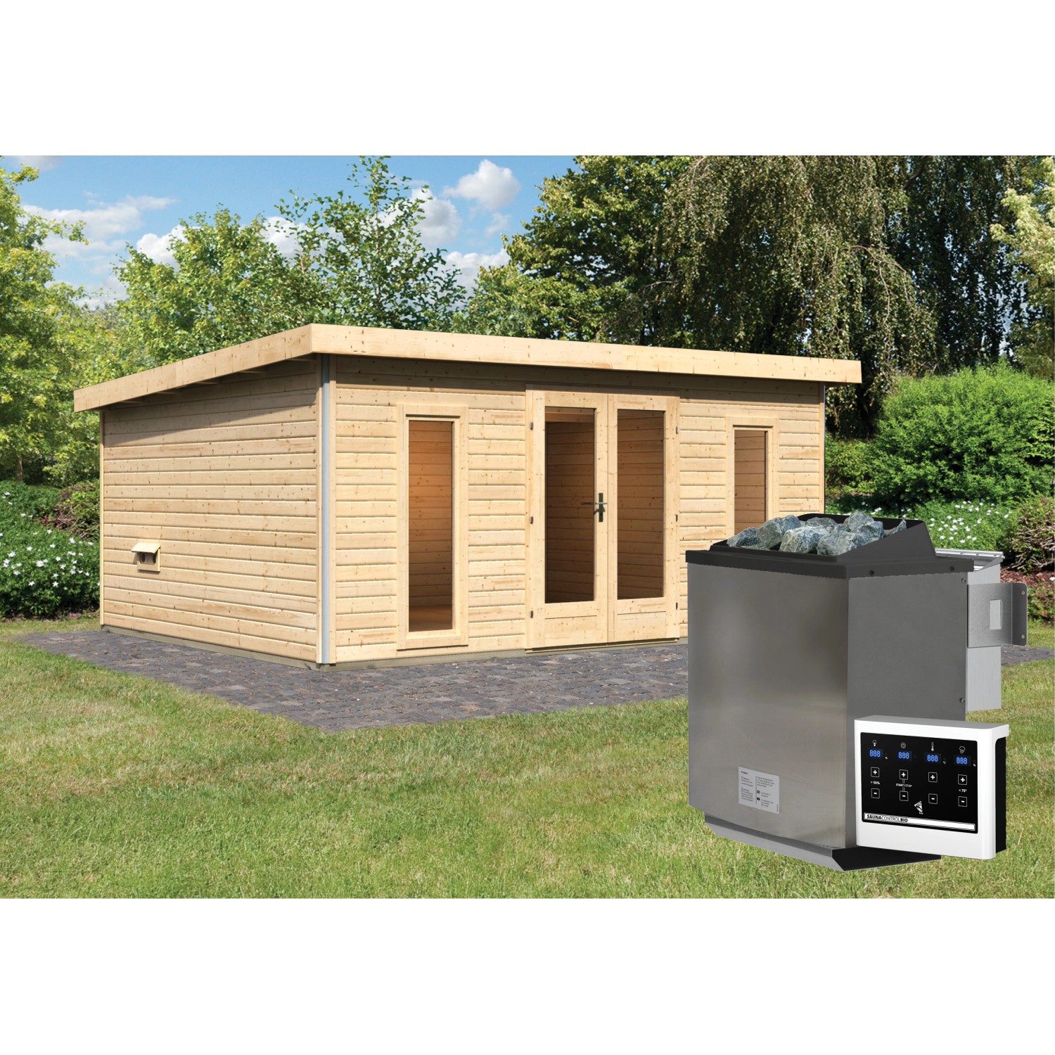 Karibu Saunahaus Magnus 4 Set A Natur mit Ofen 9 kW Bio ext. Strg. Karibu Saunahaus Magnus 4 Set A Natur mit Ofen 9 kW Bio ext. Strg. von Karibu
