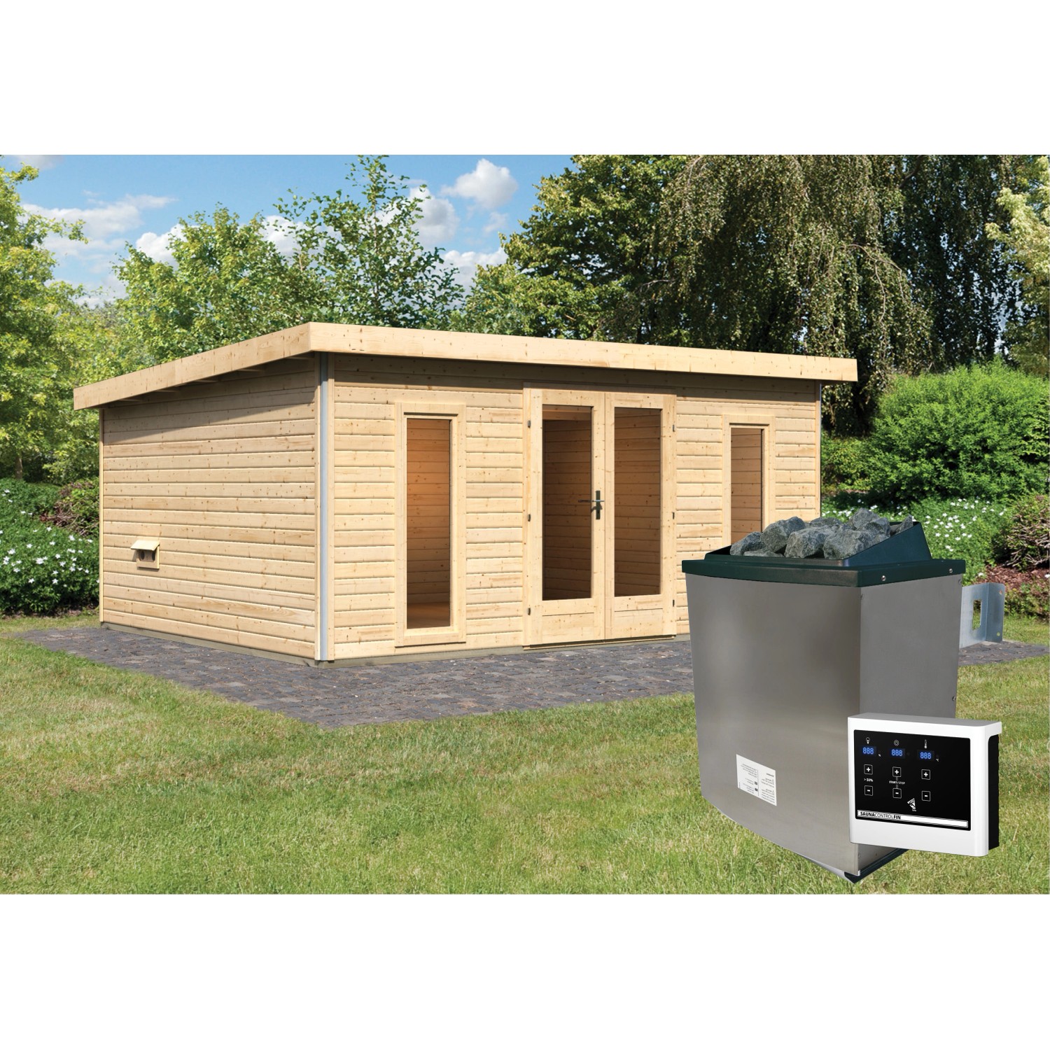 Karibu Saunahaus Magnus 4 Set A Natur mit Ofen 9 kW ext. Strg. von Karibu