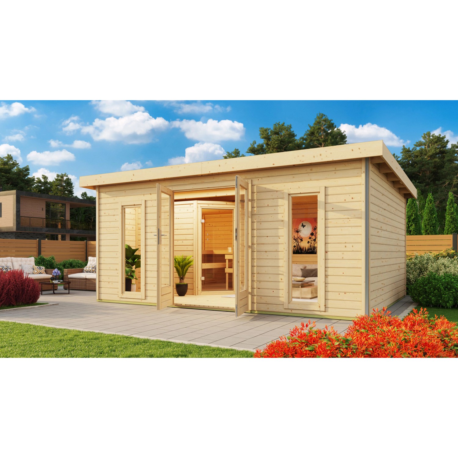 Karibu Saunahaus Magnus 4 Set B Natur mit Ofen 9 kW Bio ext. Strg. Karibu Saunahaus Magnus 4 Set B Natur mit Ofen 9 kW Bio ext. Strg. von Karibu