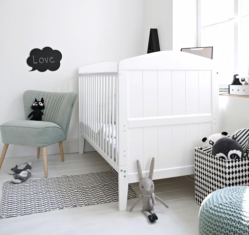 Woodies - Hampton Cot Bed - 2in1 - Baby-Umbaubett - Gitterbett + Juniorbett - 140x70 cm - Vintage/Retrostil - Höhenverstellbar - mit Lattenrost und Schlupfsprossen - Kinderbett - Holz - Weiß von Woodies