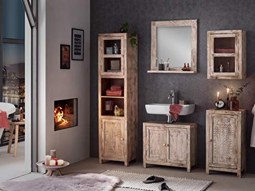 Woodkings® Badmöbel Set Bitna Mango Holz massiv Bad Set rustikal weiß patiniert Badezimmerset Badschrank geschnitzt Design von Woodkings