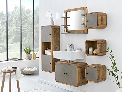 Woodkings® Badmöbel Set Dingle Holz Pinie rustikal und Betonoptik grau Badmöbel hängend für kleines Bad mit Hochschrank Regale Waschbeckenunterschrank und Spiegel von Woodkings