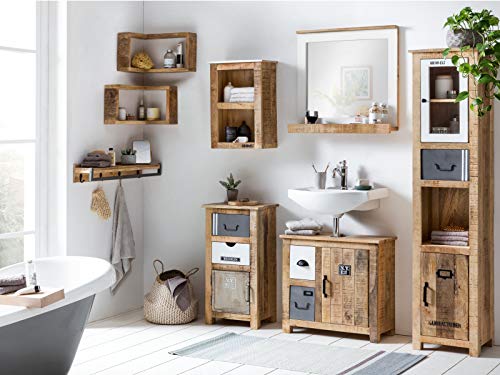 Woodkings® Badmöbel Set Pune Holz massiv rustikal Badset mit Hochschrank Badspiegel Waschbeckenunterschrank Hängeschrank Unterschrank 5teilig komplett von Woodkings