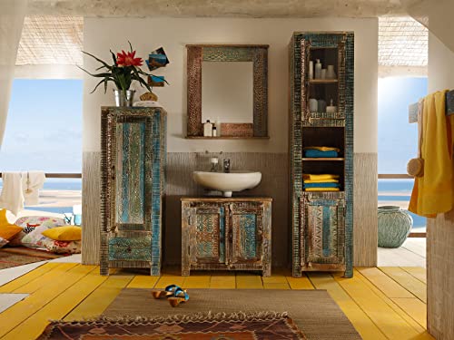 Woodkings Badmöbel Set Blue Lagoon I 4-teiliges Badezimmer Möbel mit Waschbeckenunterschrank, Spiegel, Hochkommode, Hochschrank Echtholz Mango bunt Waschtischunterschrank Unterschrank Badschrank von Woodkings