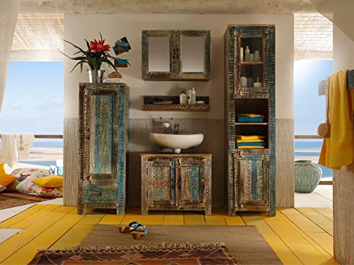 Woodkings® Badset Blue Lagoon 5-teilig, mit Waschbeckenunterschrank, Spiegelschrank, Hochkommode, Hochschrank, Wandregal Echtholz Mango Waschtischunterschrank Badmöbel Holz Badschrank rustikal von Woodkings