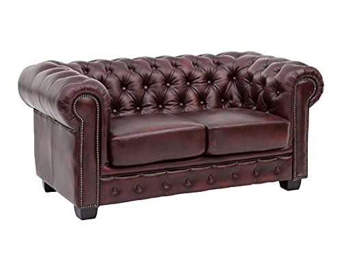 Woodkings® Chesterfield Sofa 2-Sitzer Echtleder Couch Bürosofa Polstermöbel 2er antik Unikat Herrenzimmer englisches Ledersofa Stilsofa Clubsofa (antik rot) von Woodkings