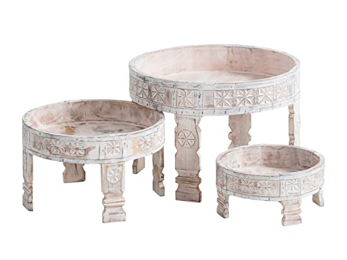 Woodkings Satztische Chakki I 3er Set Couchtisch 50x35x50 cm aus Massivholz | Beistelltisch im Boho Stil für Wohnzimmer Bad oder Flur I Vintage Design platzsparend handgefertigt Deko Tisch von Woodkings