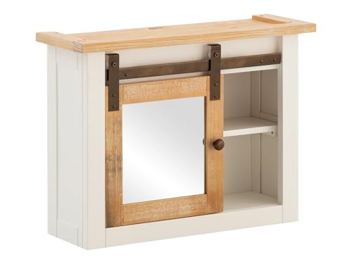 Woodkings Spiegelschrank Capera | Hängeschrank 70x53x25 cm Weiß Braun | Badezimmer Schrank I Stauraum aus Massivholz | Rustikales Design Schiebetür von Woodkings