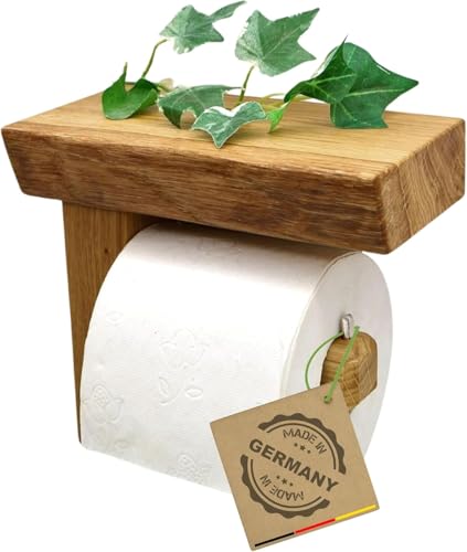 Woodkopf® - Handgefertigter Toilettenpapierhalter aus Eichenholz selbstklebend - WC-Rollenhalter aus Massivholz - Praktischer WC-Papierhalter ohne Bohren - Papierrollenhalter leichte Montage von Woodkopf