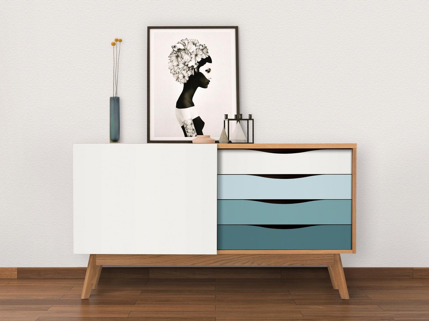 Woodman Sideboard Hilla, Breite 130 cm, im angesagten skandinavischen Look, Fußrahmen aus Eiche von Woodman